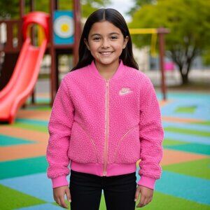 Nike Girls Sherpa Bomber Jacket Candy Pink Golden Metallic Sparkle Size M NWOT